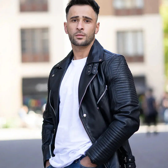 Model wearing Micheals Snap Buttoned Leather Biker Jacket styled with casual outfit