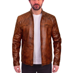 Vintage Tan cafe racer leather jacket with quilted patches