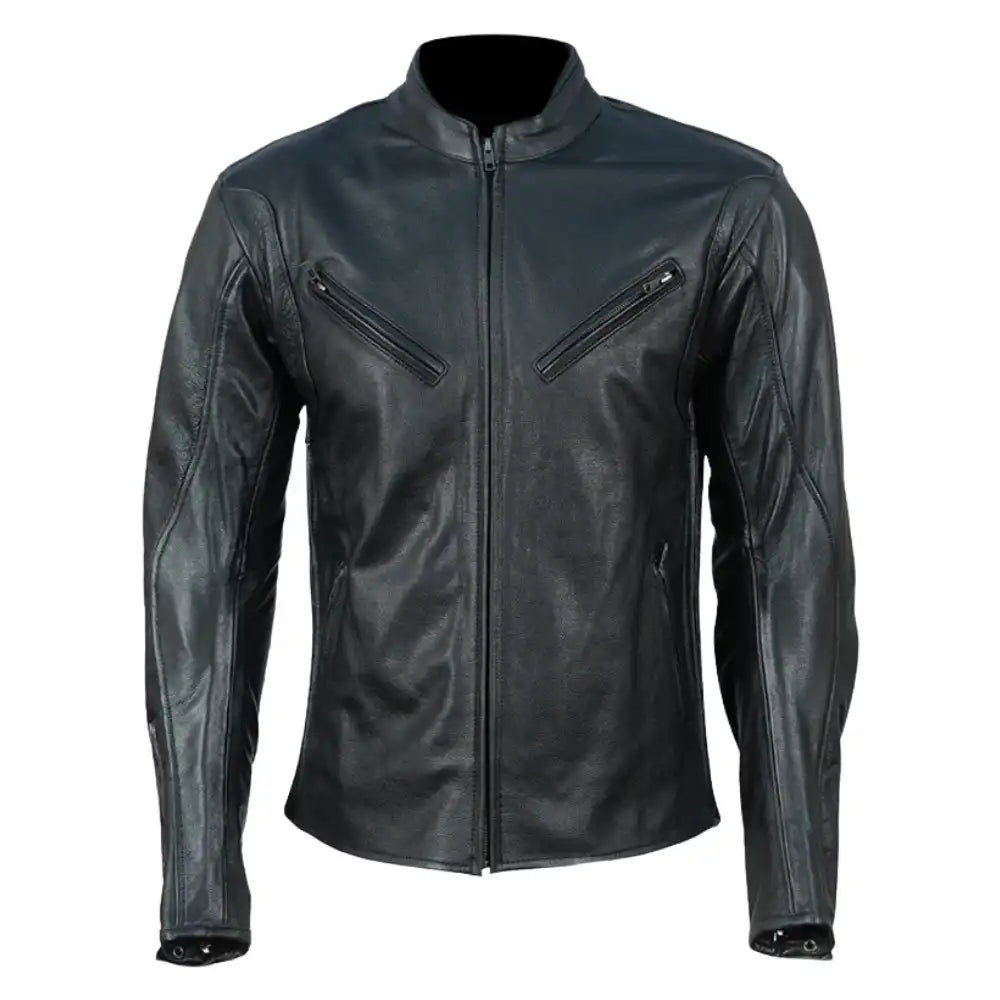 Full front view of the Miles Road Raptor jacket, featuring a multi-paneled black leather construction with a rugged, athletic racing silhouette.