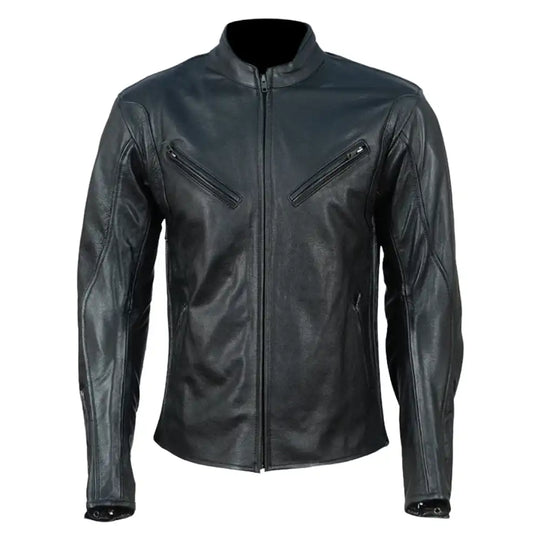 Full front view of the Miles Road Raptor jacket, featuring a multi-paneled black leather construction with a rugged, athletic racing silhouette.