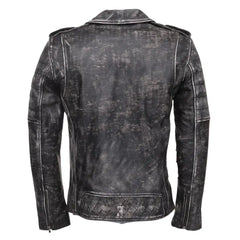 Back view of Miles Stone Wash Leather Biker Jacket highlighting faded stone wash texture