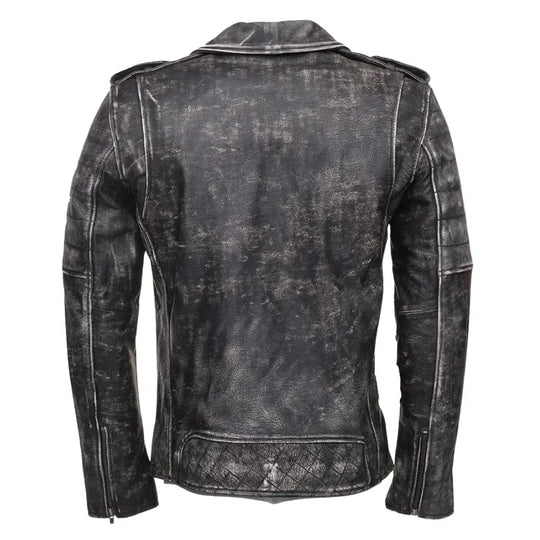 Back view of Miles Stone Wash Leather Biker Jacket highlighting faded stone wash texture