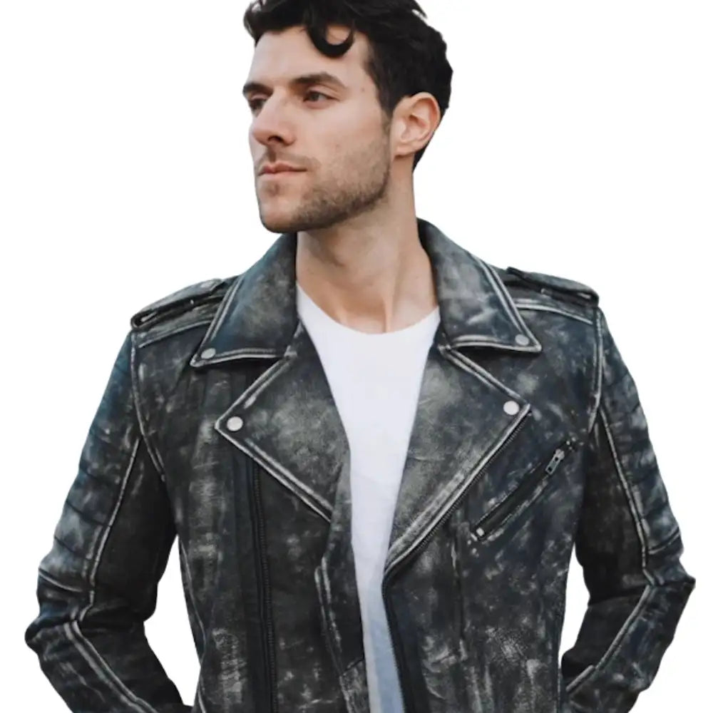 Front model view of Miles Stone Wash Leather Biker Jacket showing biker silhouette
