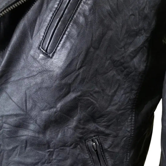 Detailed view of wrinkled leather texture on New Wrinkled Texture Leather Biker Jacket