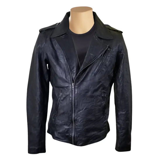 Front view of New Wrinkled Texture Leather Biker Jacket with asymmetrical zip