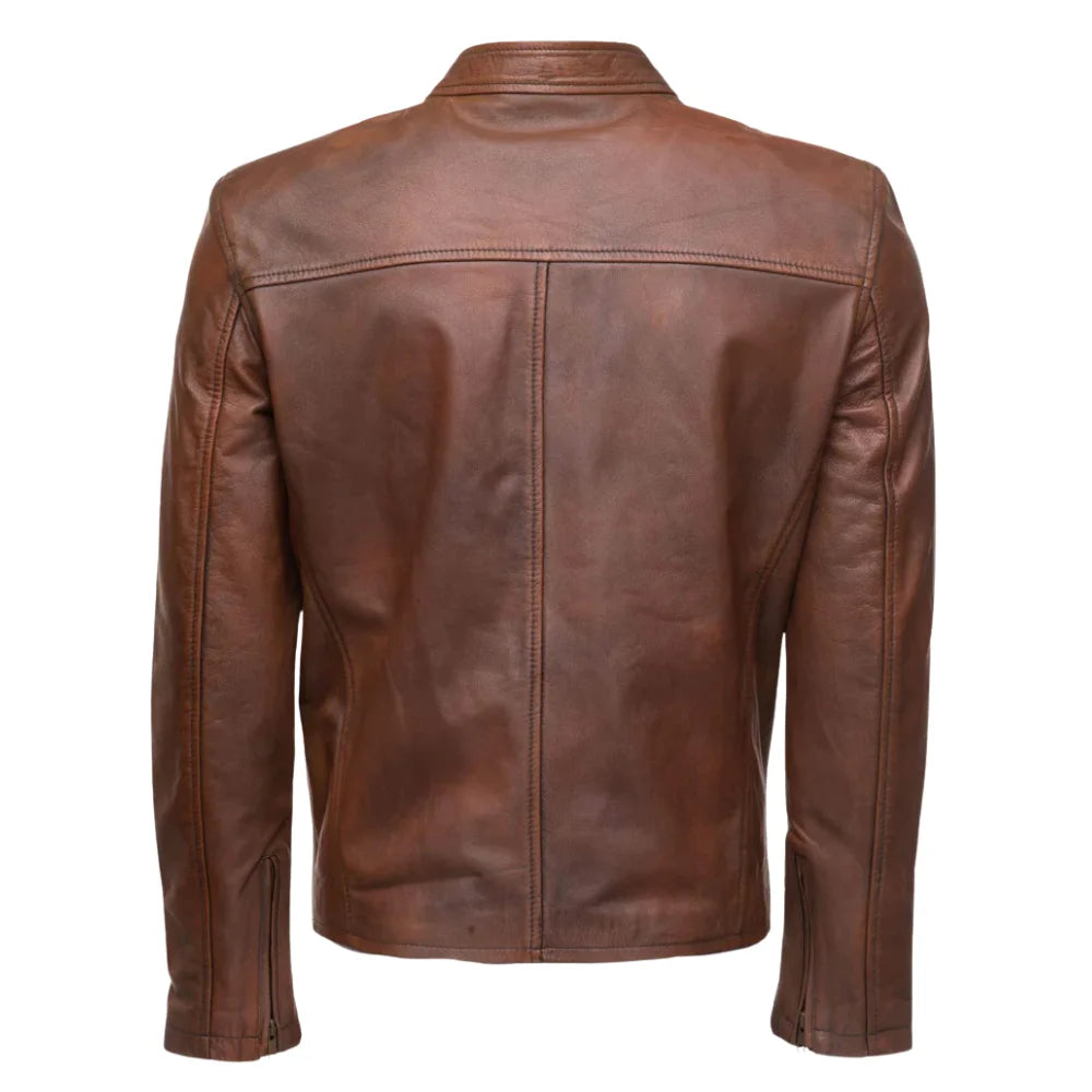 Nick Hawley's Two Tone Brown Cafe Racer Leather Jacket back view two tone leather jacket