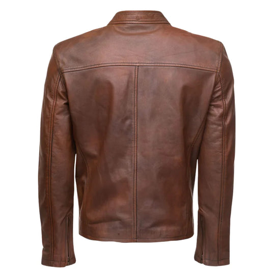 Nick Hawley's Two Tone Brown Cafe Racer Leather Jacket back view two tone leather jacket