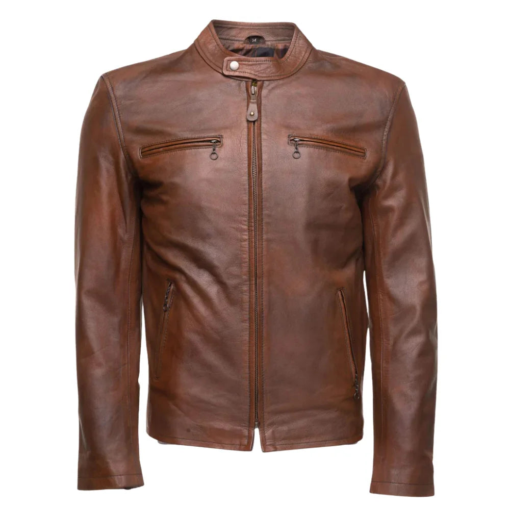 Nick Hawley's Two Tone Brown Cafe Racer Leather Jacket front view two tone brown leather racer jacket