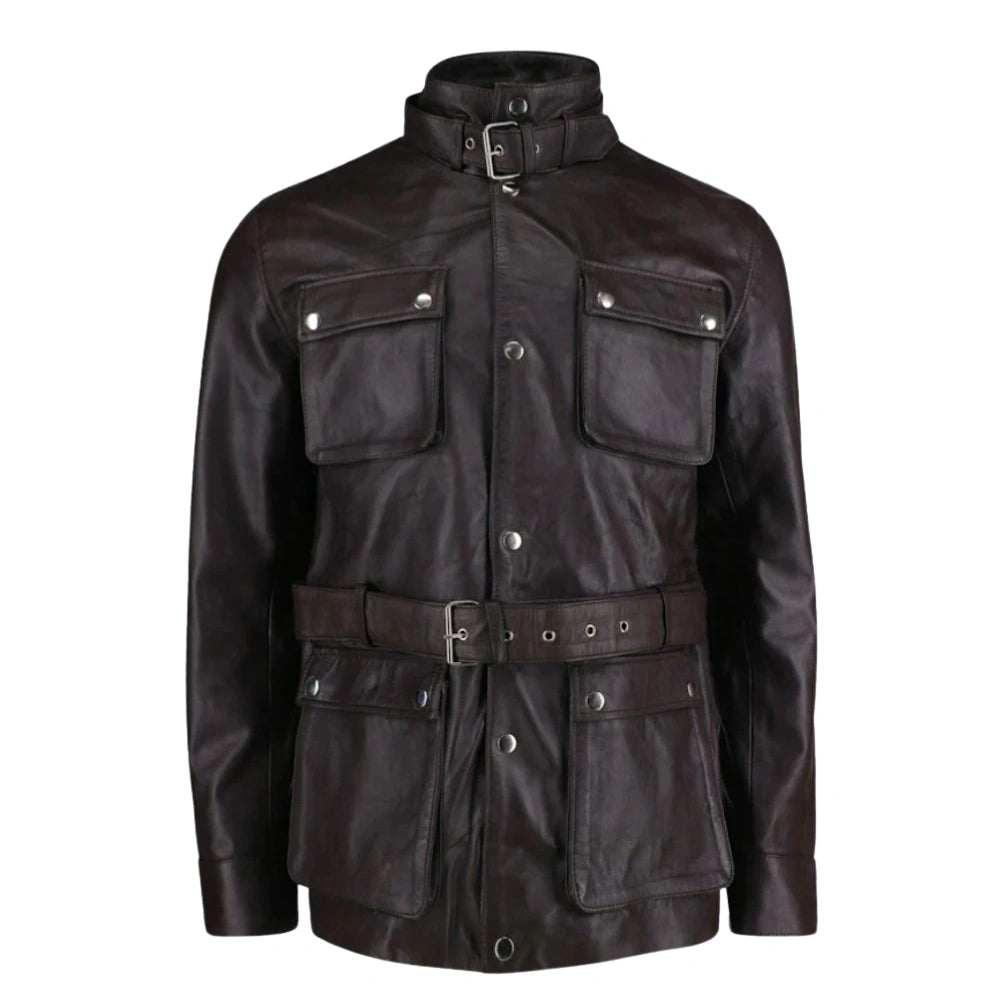 Parker Black Belted Leather Jacket with Large Pockets front view black leather jacket with waist belt and large pockets