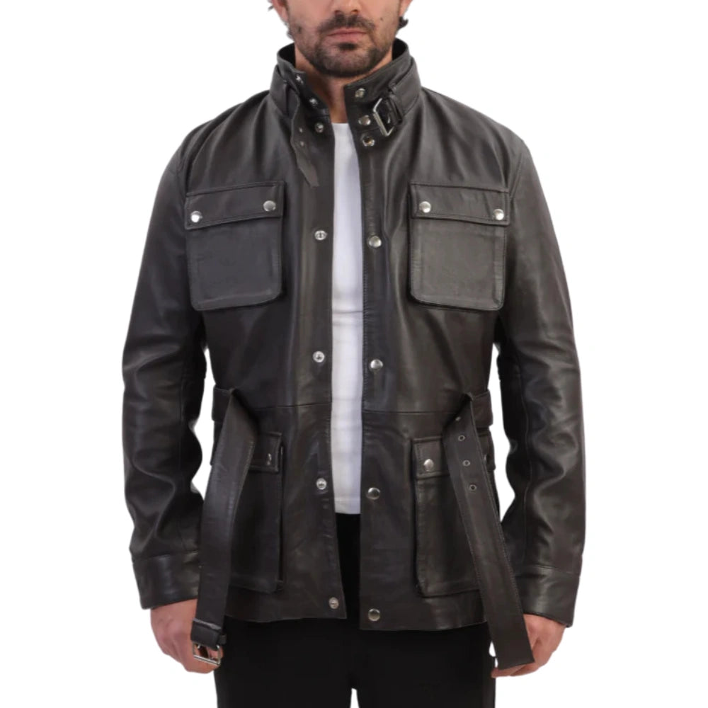 Model wearing Parker Black Belted Leather Jacket with Large Pockets black leather jacket outfit