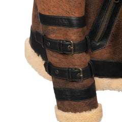 Detailed view of the wrist belt cuffs on Richard's Vintage Distressed Brown Aviator Bomber Shearling Jacket, designed for both style and comfort.
