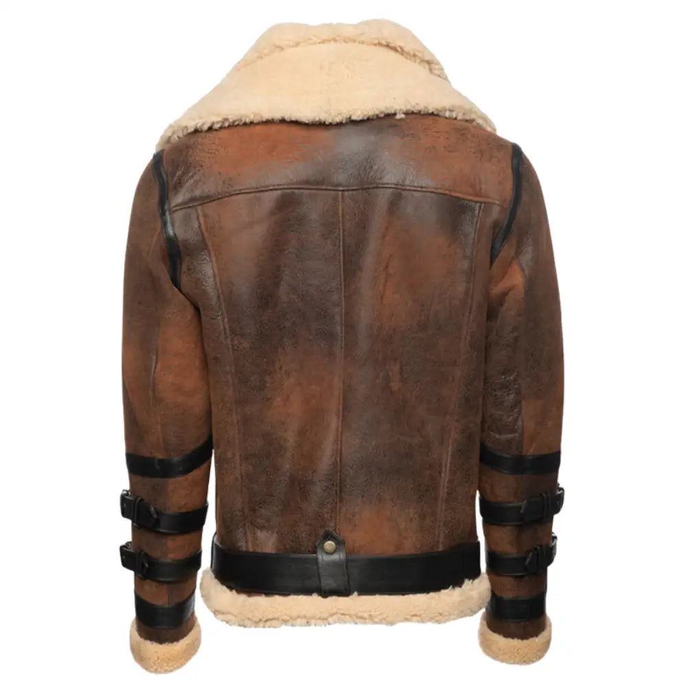 Back view of Richard's Vintage Distressed Brown Aviator Bomber Shearling Jacket showing the distressed leather design and shearling collar with distinctive strap details.