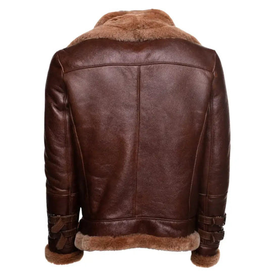 Phan's Brown Aviator Bomber Shearling Jacket with a Waist Belt back view brown leather aviator shearling jacket