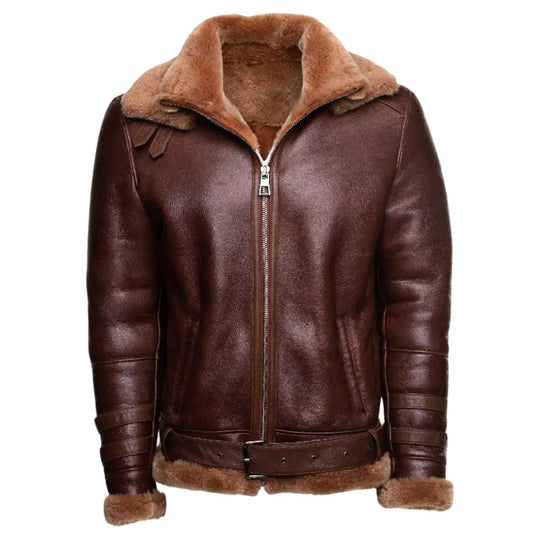 Phan's Brown Aviator Bomber Shearling Jacket with a Waist Belt front view brown shearling aviator jacket with belt
