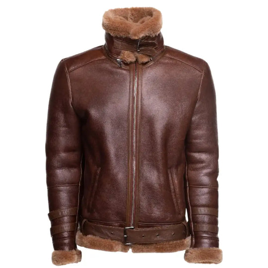 Phan's Brown Aviator Bomber Shearling Jacket with a Waist Belt front angle brown leather aviator jacket with shearling lining