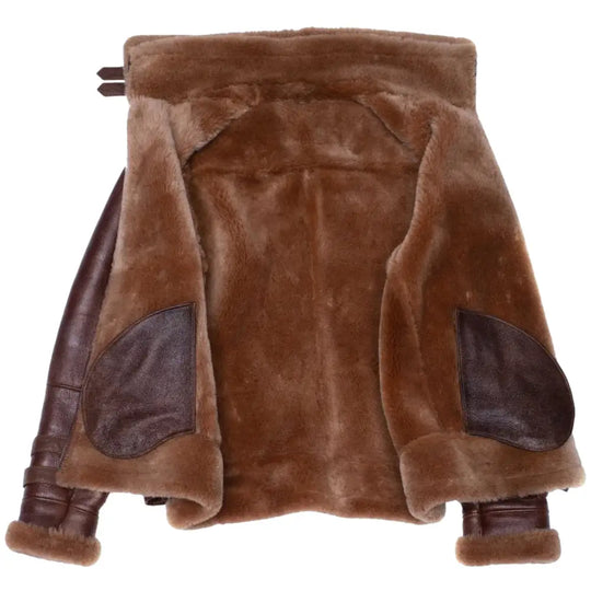Phan's Brown Aviator Bomber Shearling Jacket with a Waist Belt men's brown shearling bomber jacket front view