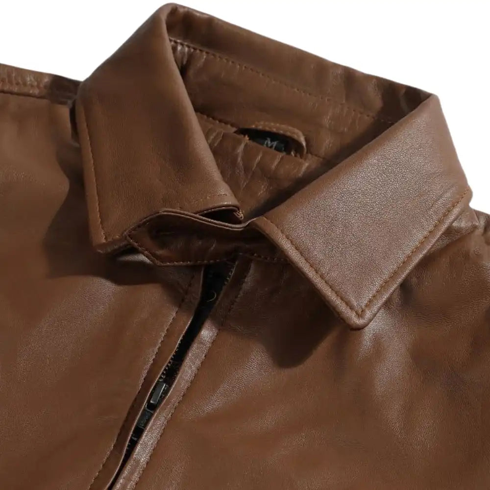 Pierre Brown Leather Jacket close up of collar on brown leather jacket