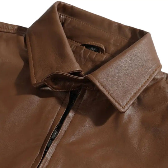 Pierre Brown Leather Jacket close up of collar on brown leather jacket