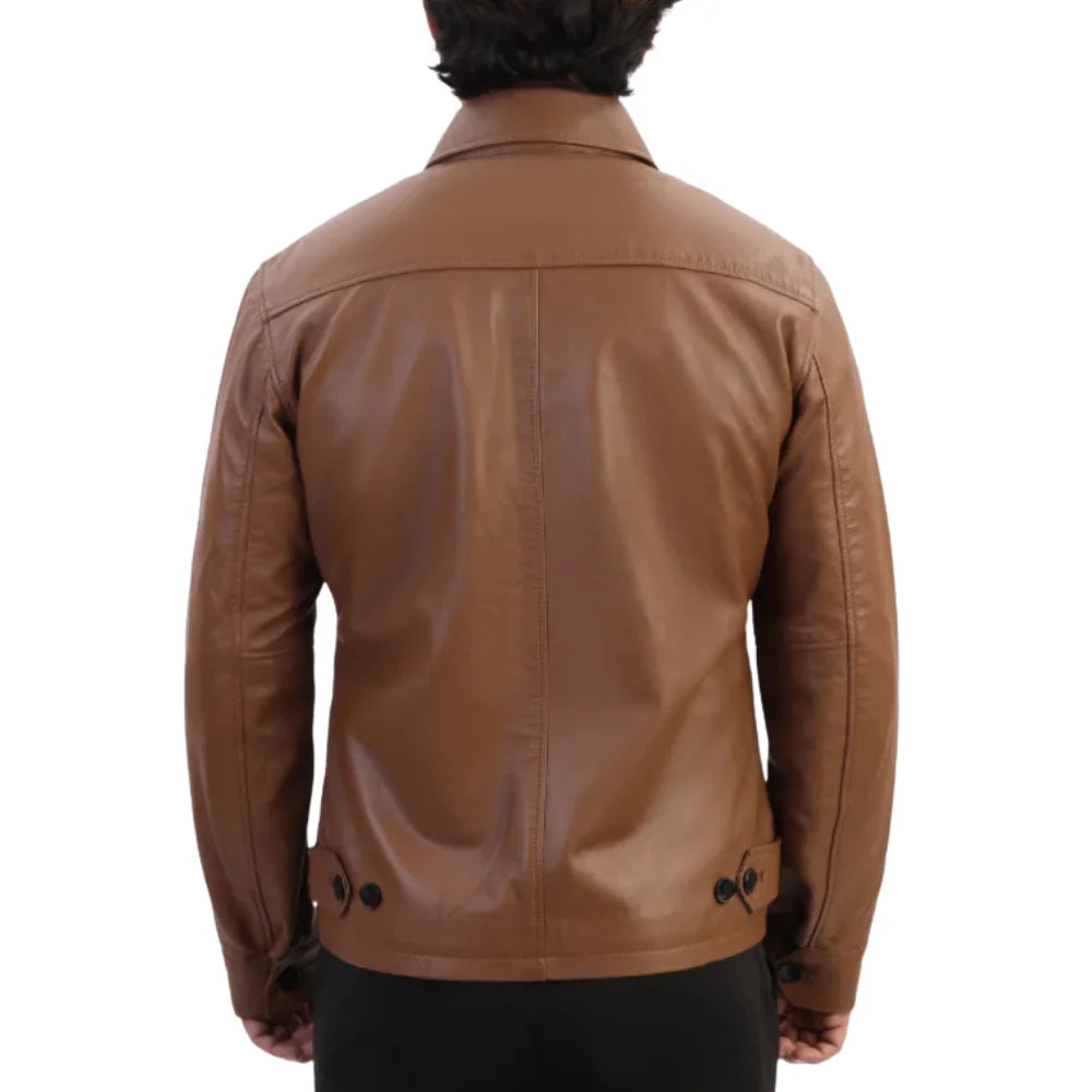 Model wearing Pierre Brown Leather Jacket back view brown leather jacket