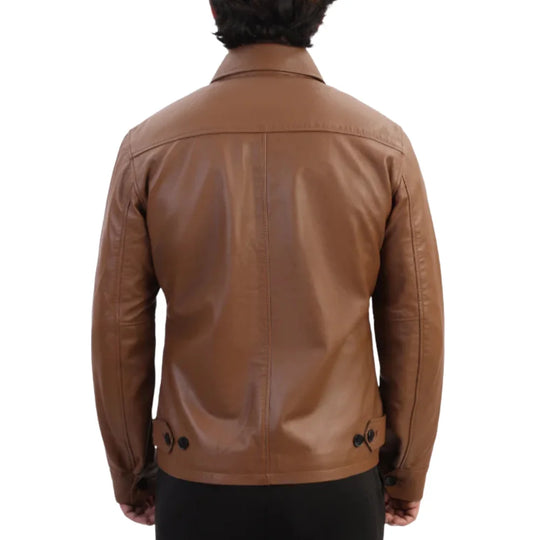 Model wearing Pierre Brown Leather Jacket back view brown leather jacket
