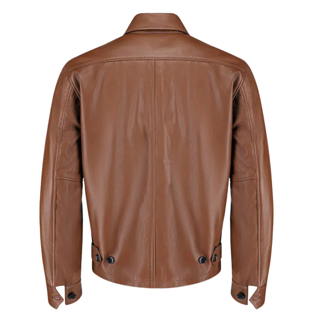 Back view model wearing Pierre Brown Leather Jacket