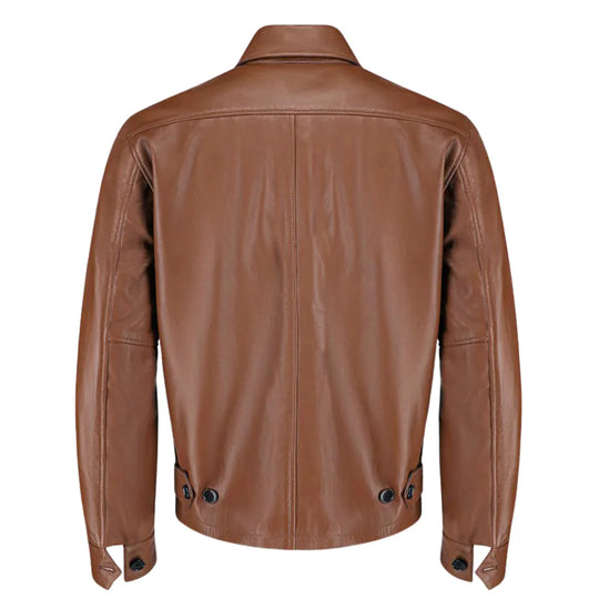 Back view model wearing Pierre Brown Leather Jacket