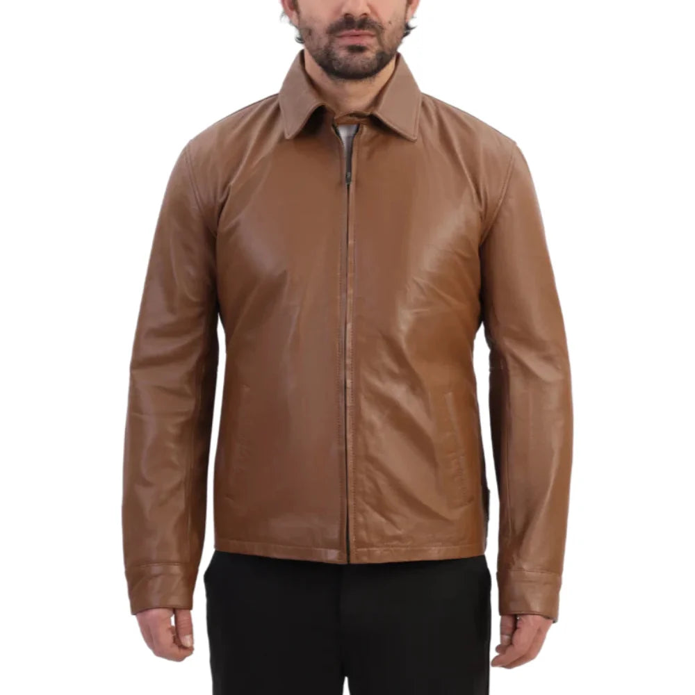 Model wearing Pierre Brown Leather Jacket brown leather jacket outfit