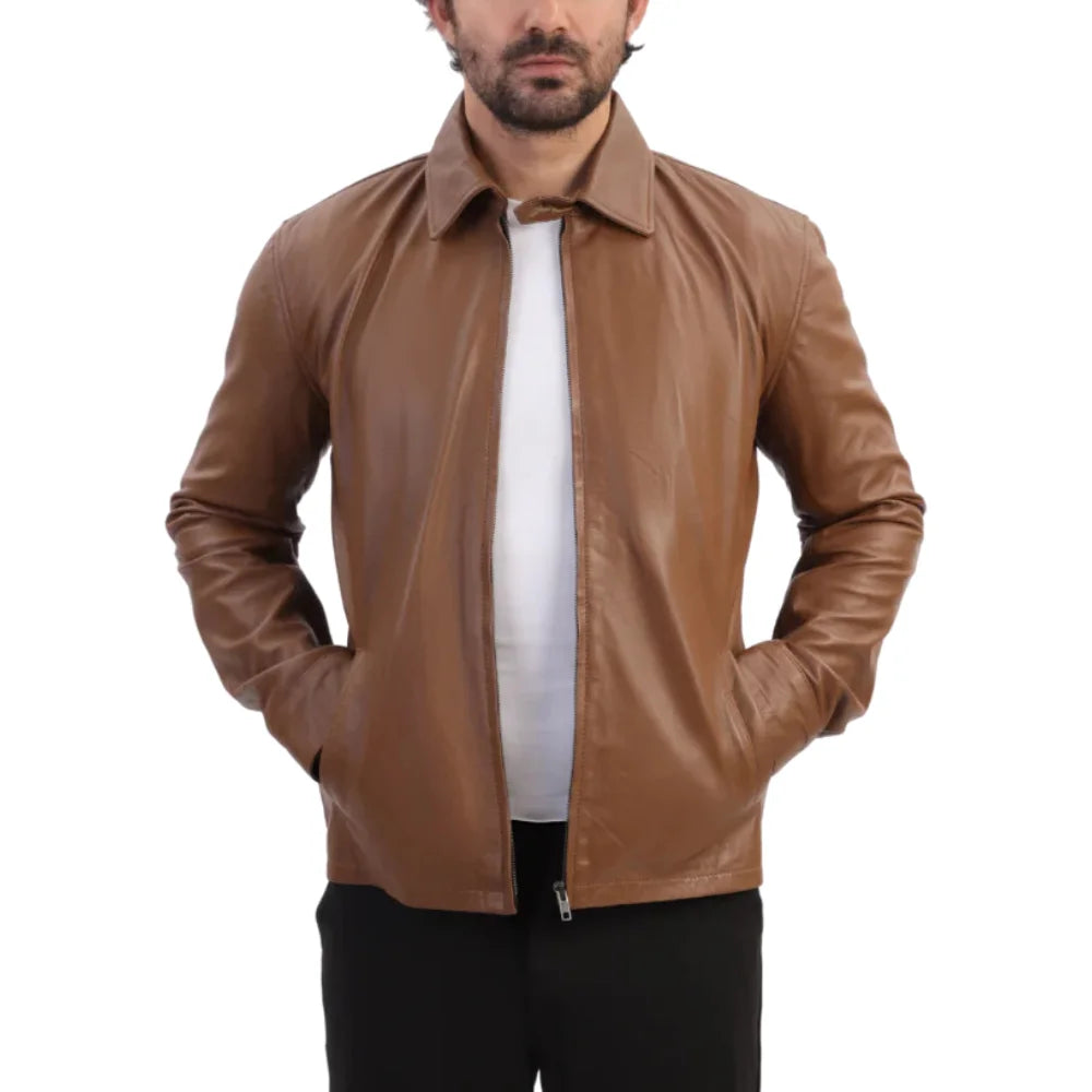 Model styling Pierre Brown Leather Jacket classic leather jacket look
