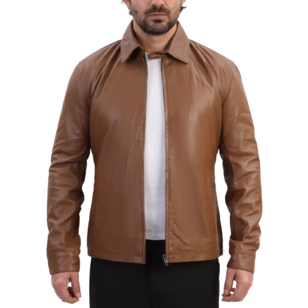 Model wearing Pierre Brown Leather Jacket casual brown leather jacket