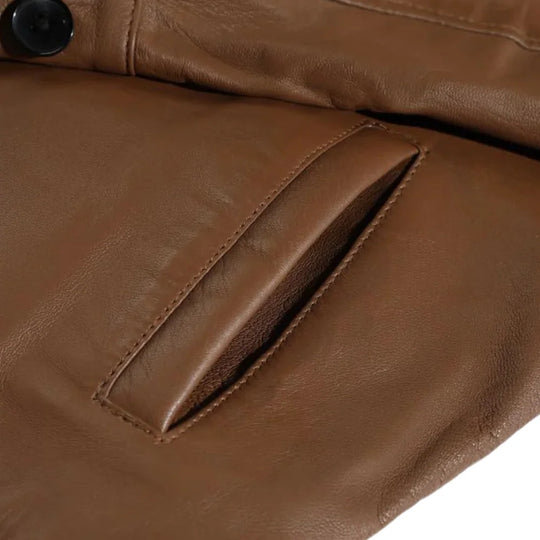 Pierre Brown Leather Jacket pocket stitching detail leather jacket