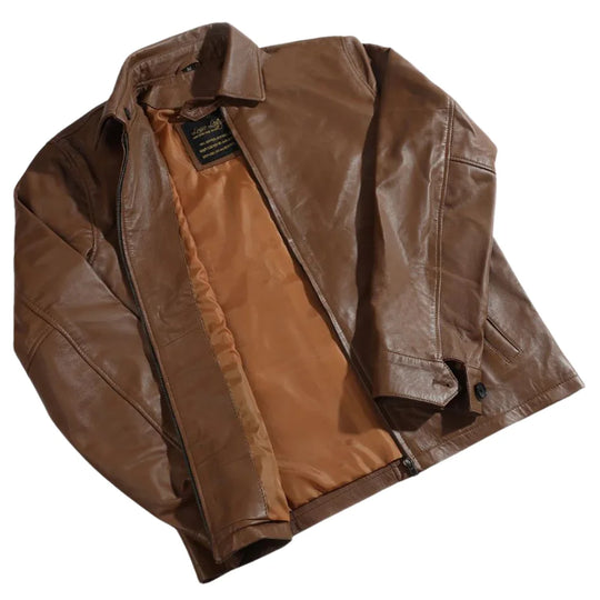 Pierre Brown Leather Jacket side profile brown leather jacket silhouette