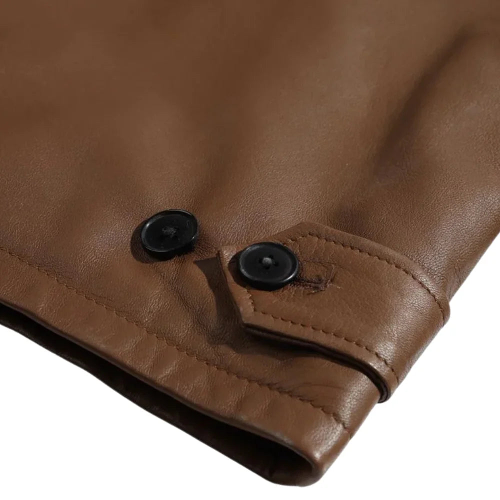 Pierre Brown Leather Jacket close up sleeve leather texture