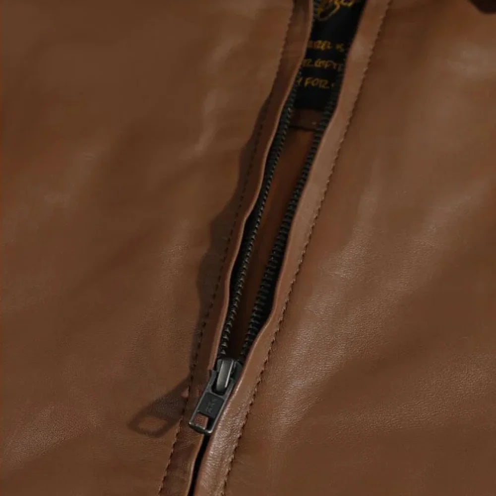 Pierre Brown Leather Jacket close up zipper on brown leather jacket