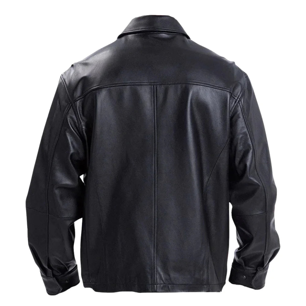 Plain Black Classic Leather Jacket with Collars back view black leather jacket