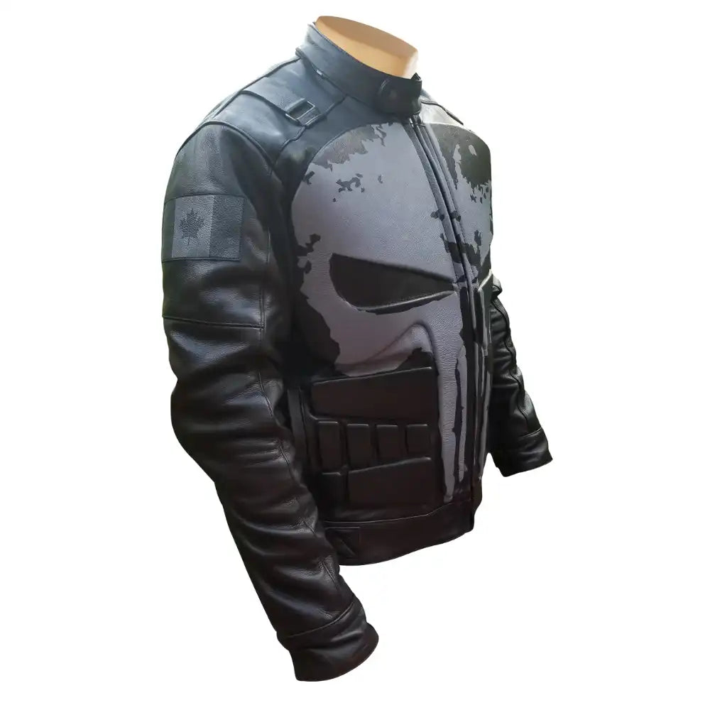 A side-angle shot of the Punisher's leather motorcycle jacket highlighting the pre-curved sleeves and protective elbow armor.