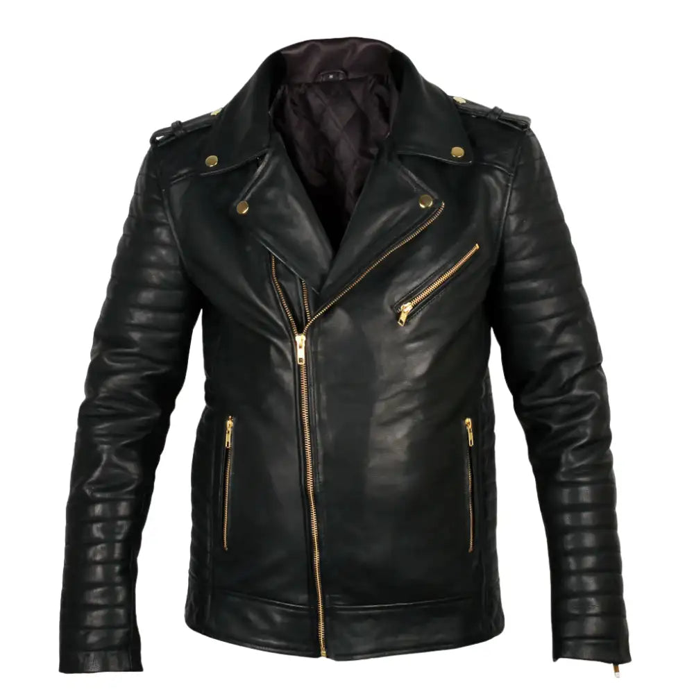 Front view of the quilted leather biker jacket with detailed stitching and a sleek, tailored fit.