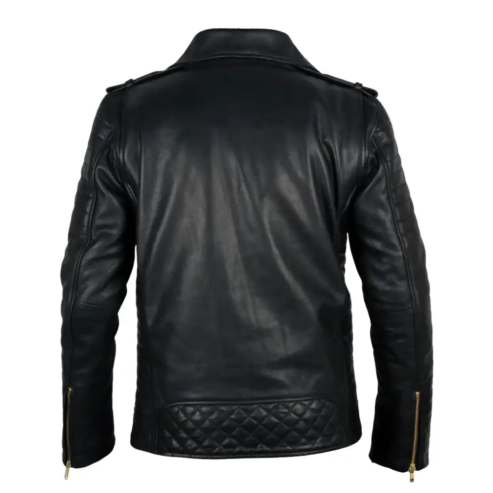 Quilted Leather Biker Jacket back view black leather biker jacket with quilted panel detail
