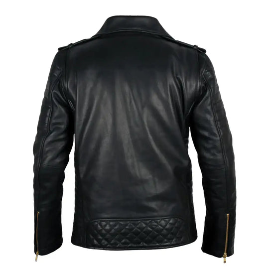 Quilted Leather Biker Jacket back view black leather biker jacket with quilted panel detail