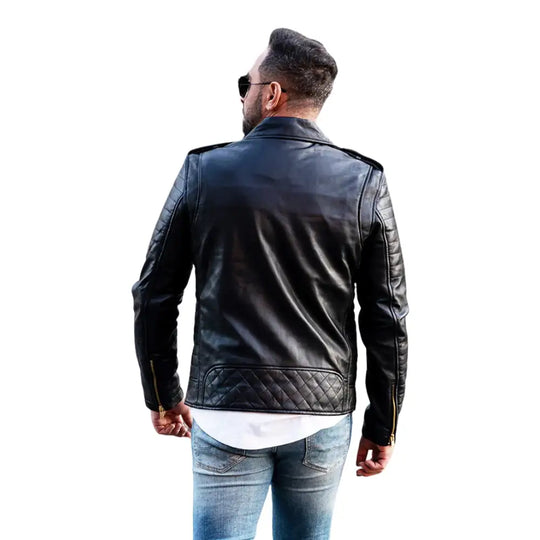 Model wearing Quilted Leather Biker Jacket back view black leather biker jacket