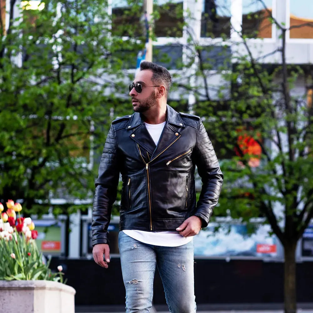 Model styling Quilted Leather Biker Jacket classic leather biker jacket look