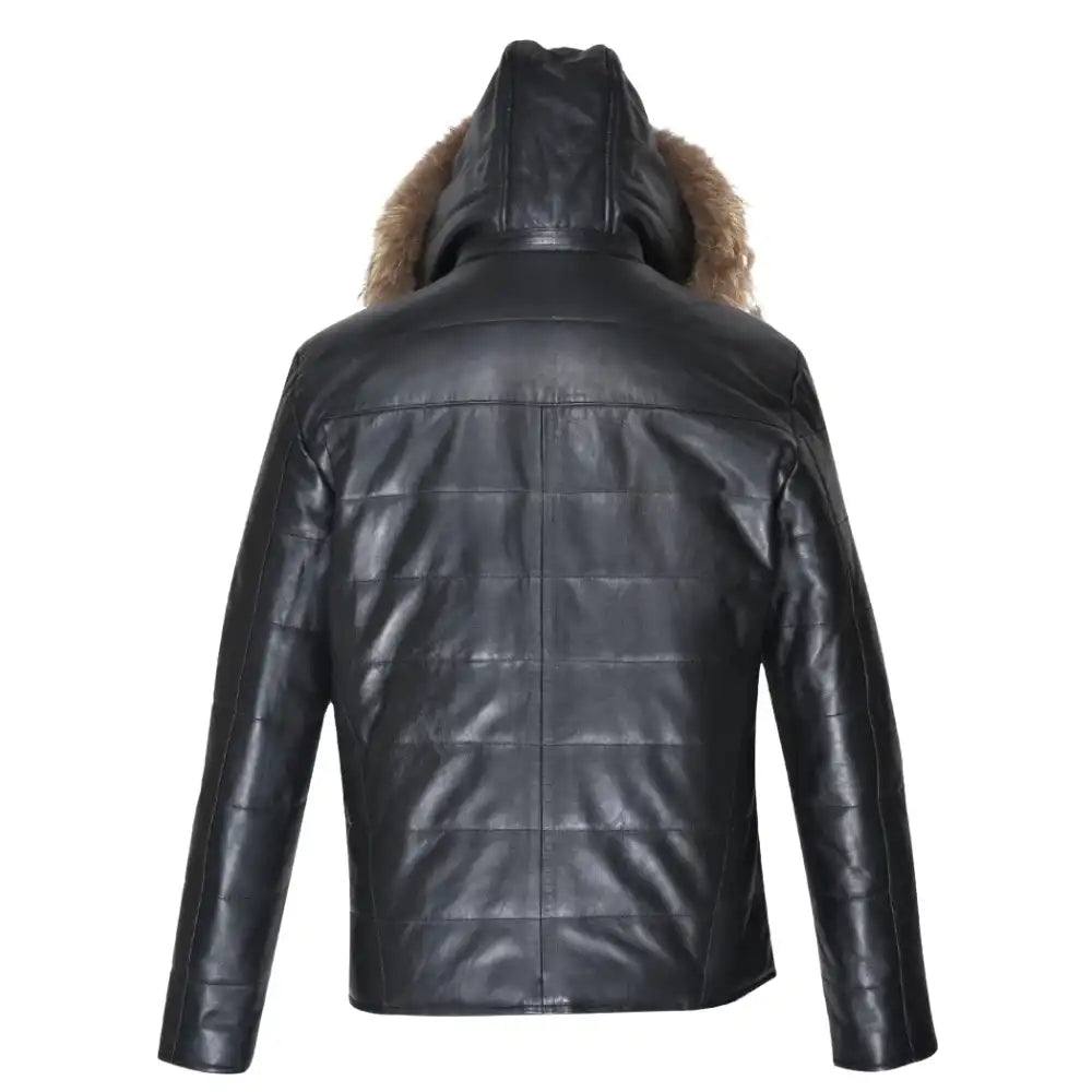 Raven Black Hooded Leather Puffer Jacket