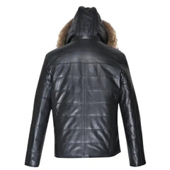 Raven Black Hooded Leather Puffer Jacket