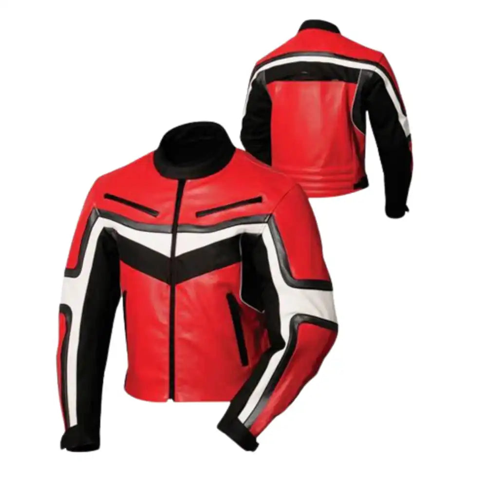 Front view of a sleek red armored leather motorcycle jacket featuring high-impact shoulder sliders and a central heavy-duty zipper.