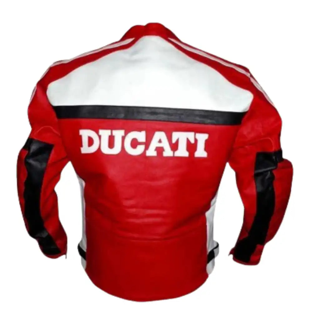 Rear view of the red Ducati leather jacket highlighting the large logo across the shoulders and the protective aerodynamic speed hump.