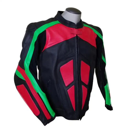 Side profile of the tri-color armored jacket showing the ergonomic curved sleeves and green accordion stretch panels.