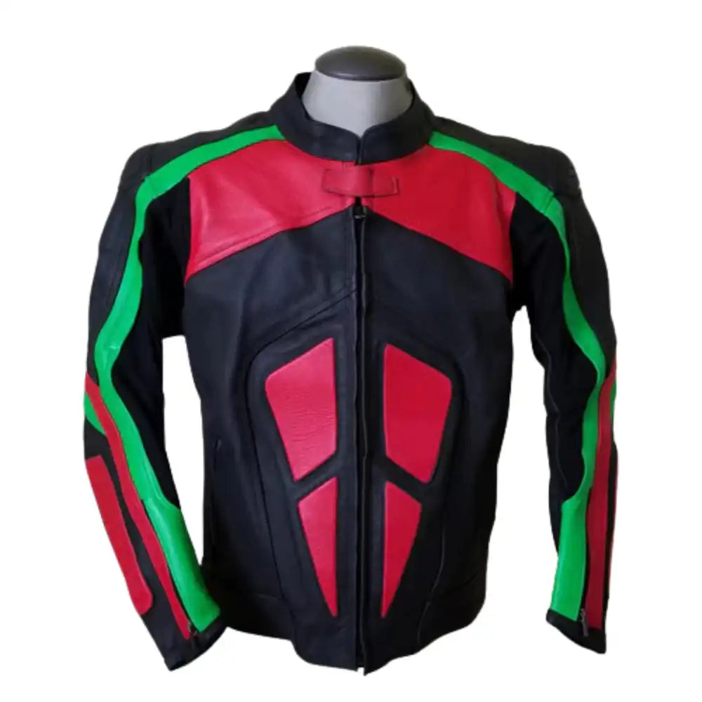Front view of a red, green, and black armored leather motorcycle jacket featuring tri-color racing panels and integrated shoulder sliders.