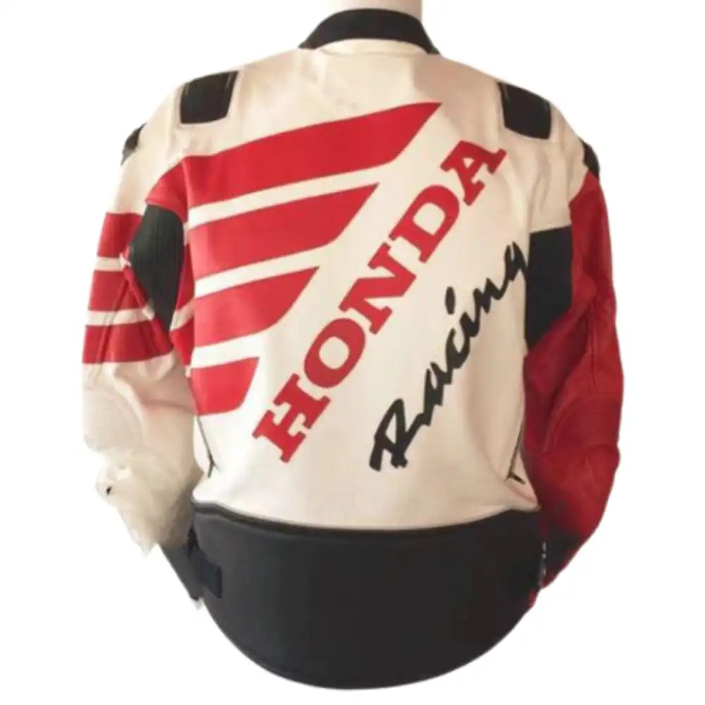 Rear view of the red and white Honda leather jacket highlighting the aerodynamic speed hump and large Honda branding across the shoulders.