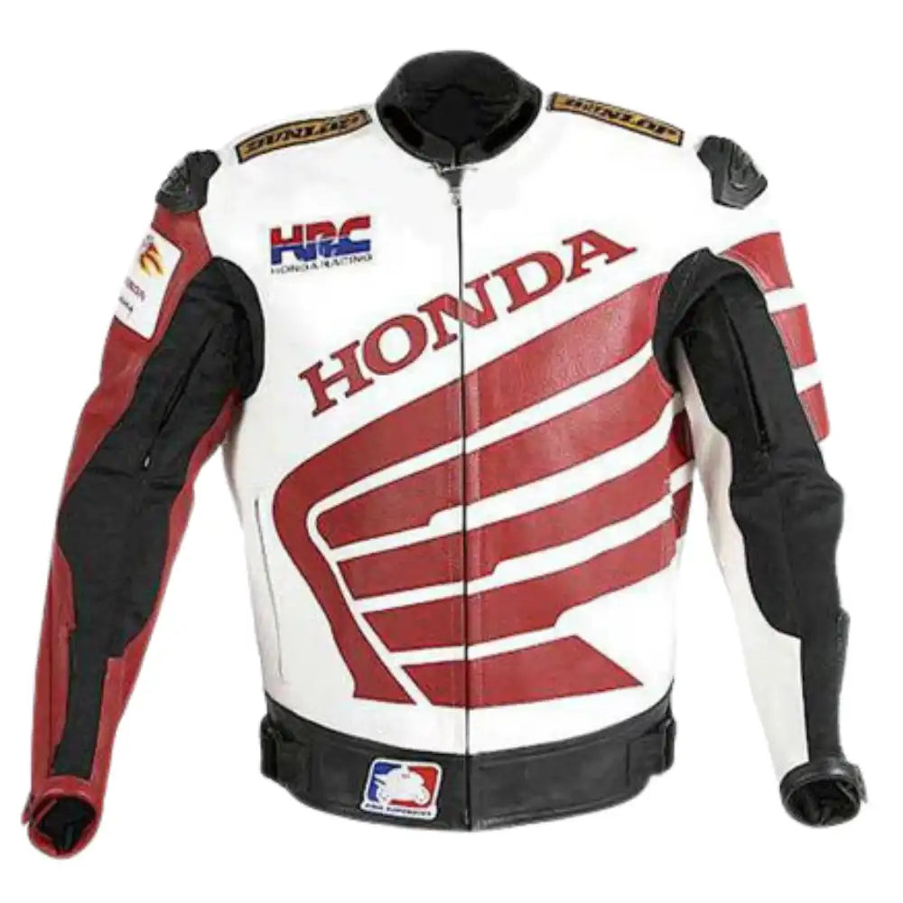Front view of a red and white Honda armored leather motorcycle jacket featuring the Honda wing logo, integrated shoulder sliders, and a heavy-duty racing zipper.