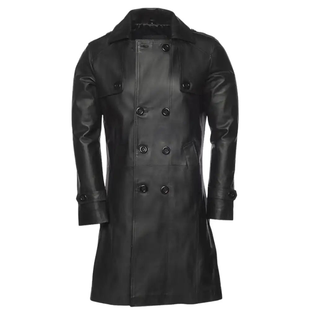 Full button Closed Front view of the Reiner black buttoned up long leather coat, featuring a concealed placket and sharp tailored collar.