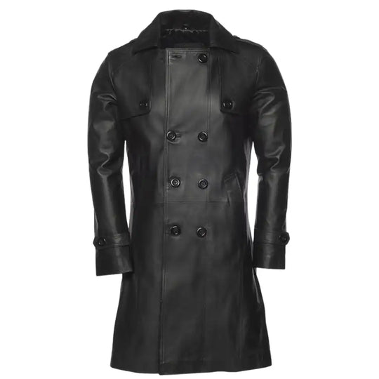Full button Closed Front view of the Reiner black buttoned up long leather coat, featuring a concealed placket and sharp tailored collar.